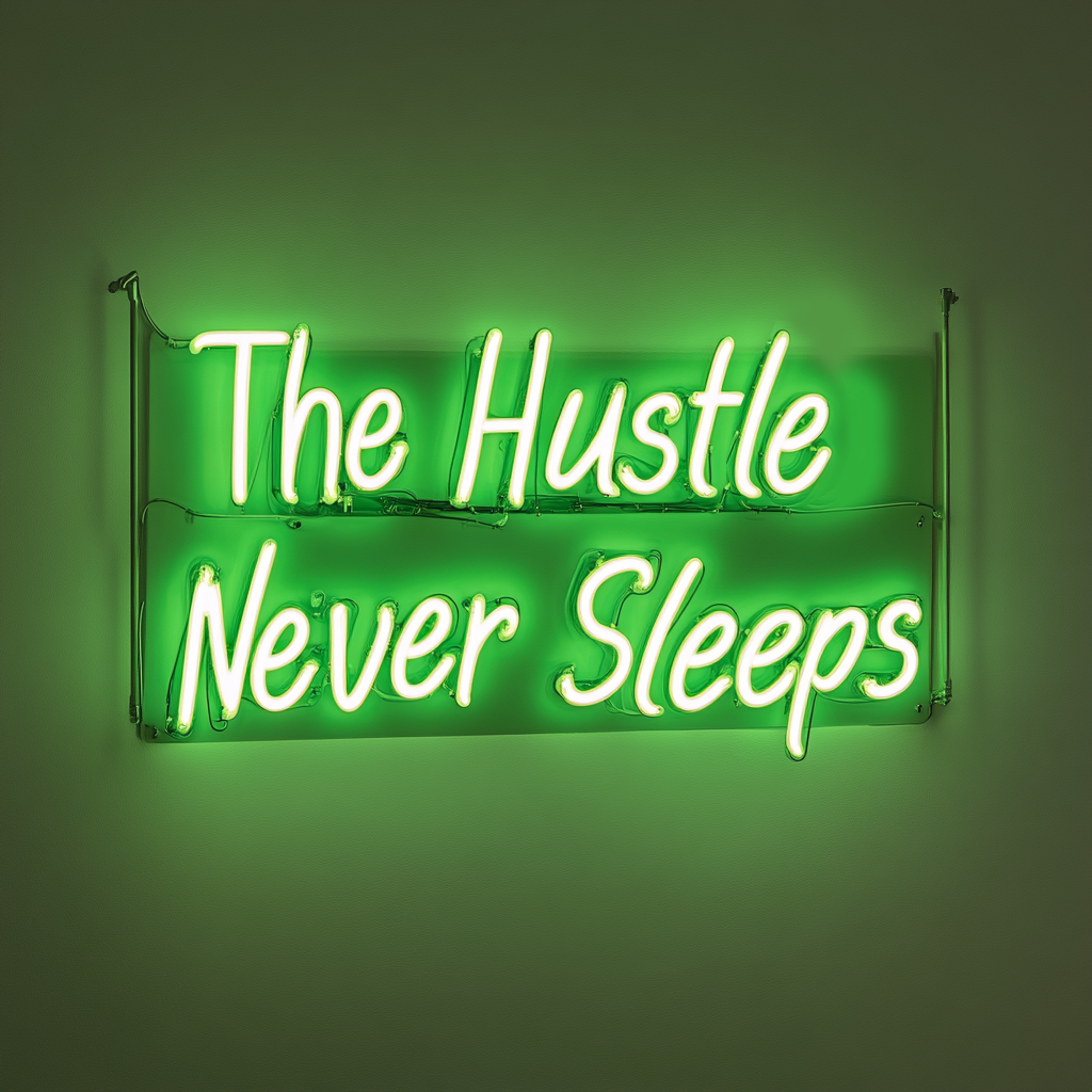 "The Hustle Never Sleeps" - Green Neon Sign, 18 Inches