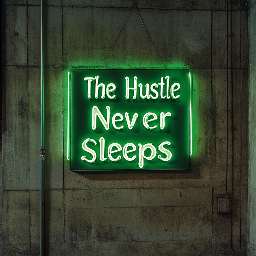 "The Hustle Never Sleeps" - Green Neon Sign, 18 Inches