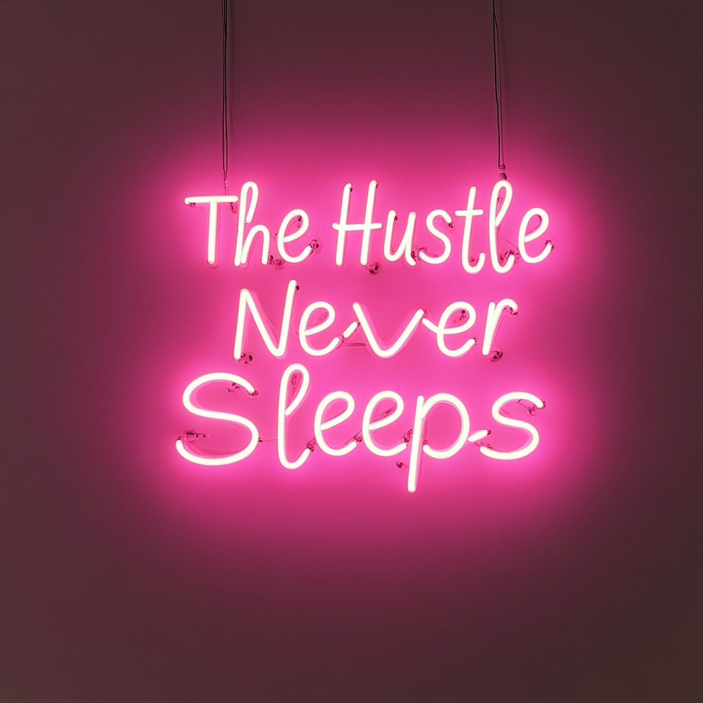 "The Hustle Never Sleeps" - Pink Neon Sign, 18 Inches