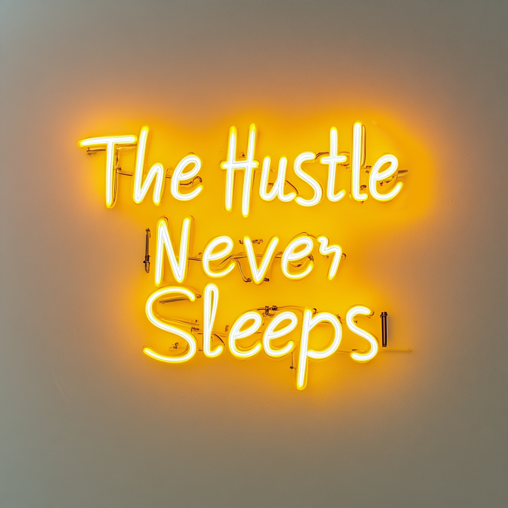 "The Hustle Never Sleeps" - Yellow Neon Sign, 18 Inches