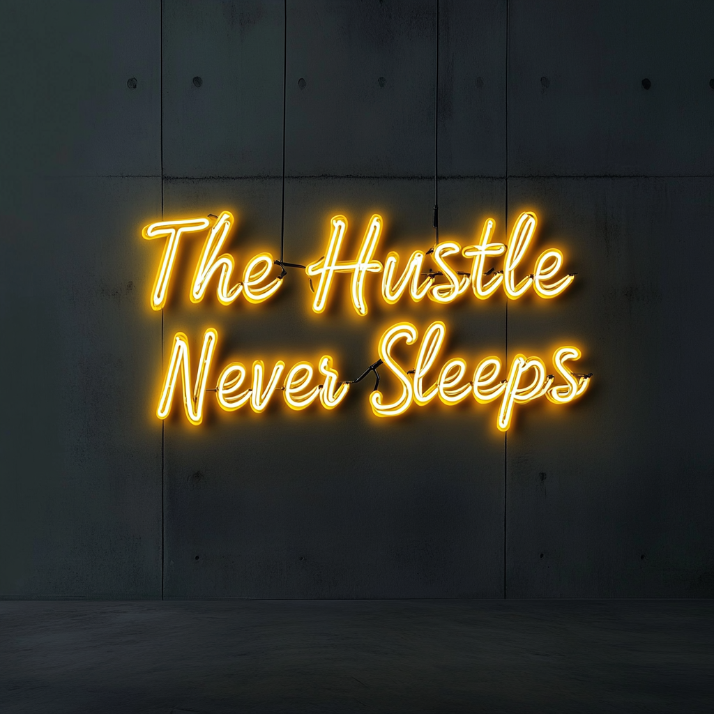 "The Hustle Never Sleeps" - Yellow Neon Sign, 18 Inches