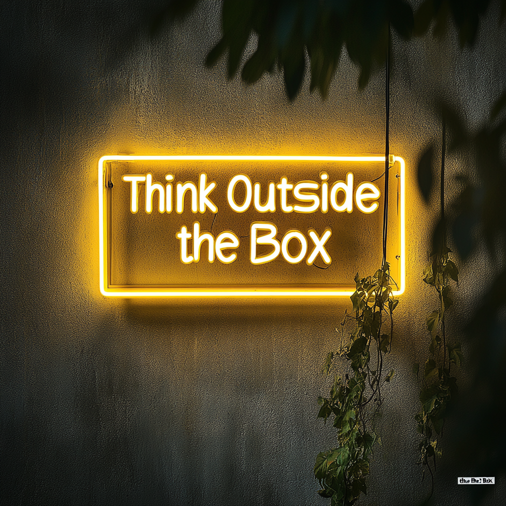 "Think Outside the Box" - Yellow Neon Sign, 18 Inches