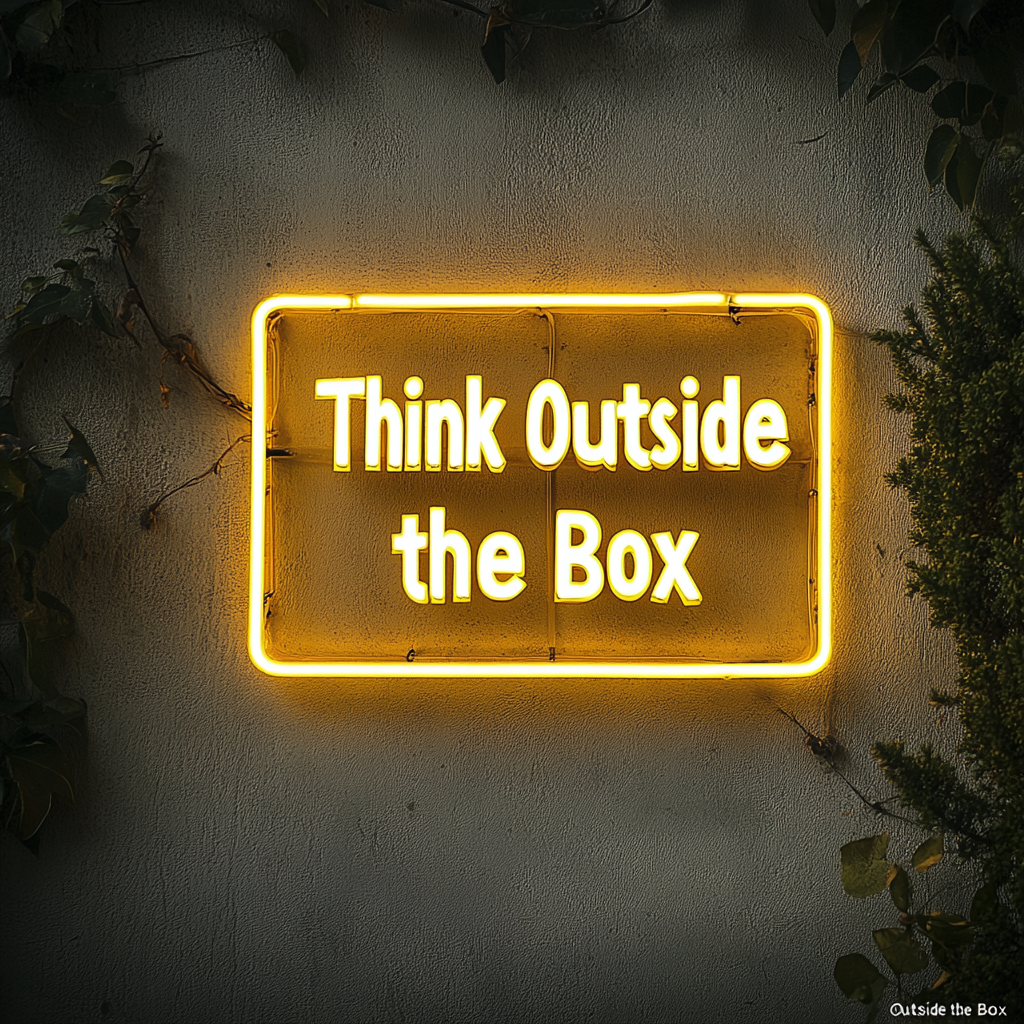 "Think Outside the Box" - Yellow Neon Sign, 18 Inches
