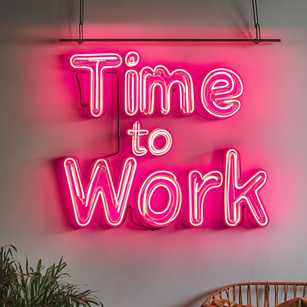 "Time to Work" - Pink Neon Sign, 18 Inches