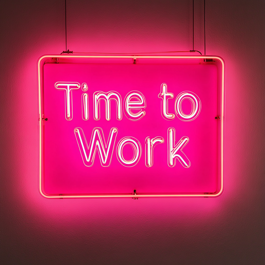 "Time to Work" - Pink Neon Sign, 18 Inches