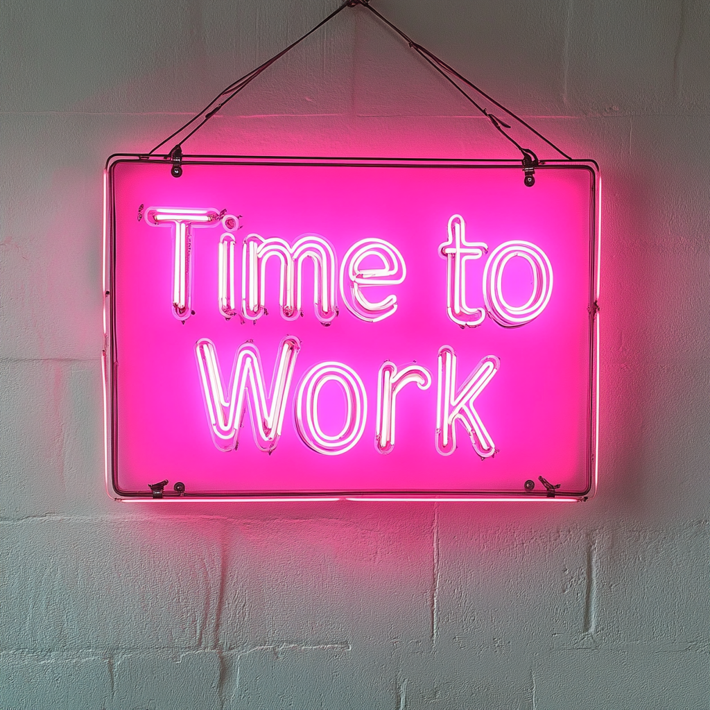 "Time to Work" - Pink Neon Sign, 18 Inches