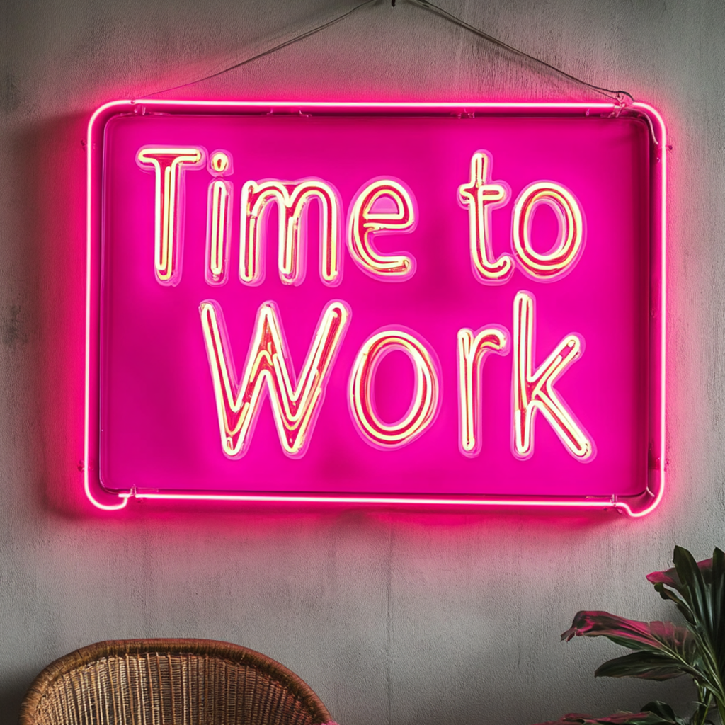 "Time to Work" - Pink Neon Sign, 24 Inches