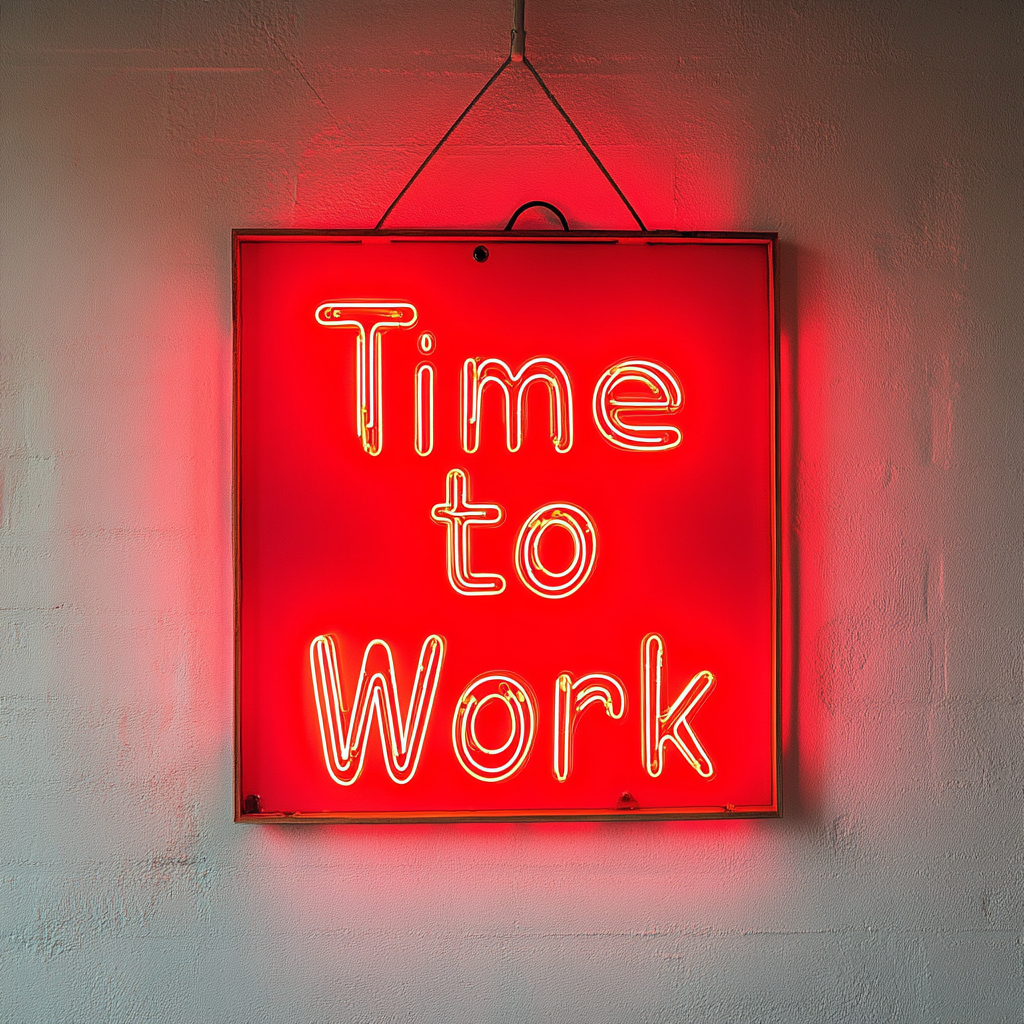 "Time to Work" - Red Neon Sign, 18 Inches