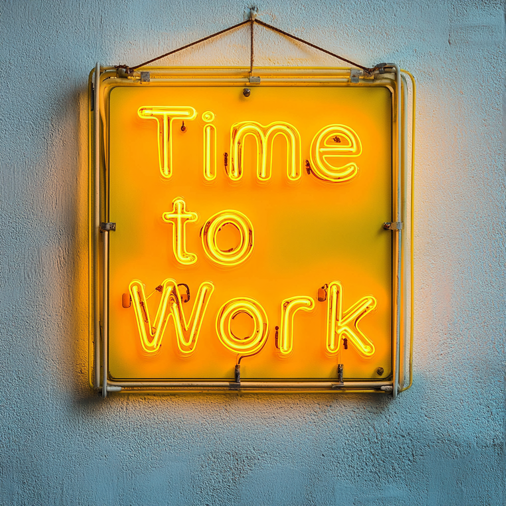 "Time to Work" - Yellow Neon Sign, 18 Inches