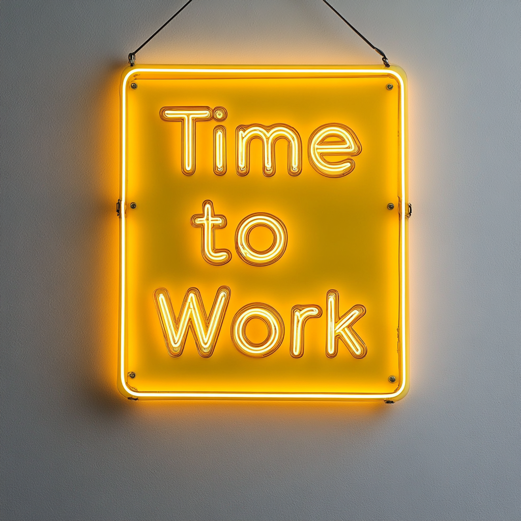 "Time to Work" - Yellow Neon Sign, 18 Inches
