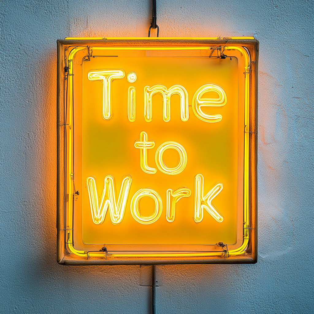"Time to Work" - Yellow Neon Sign, 18 Inches