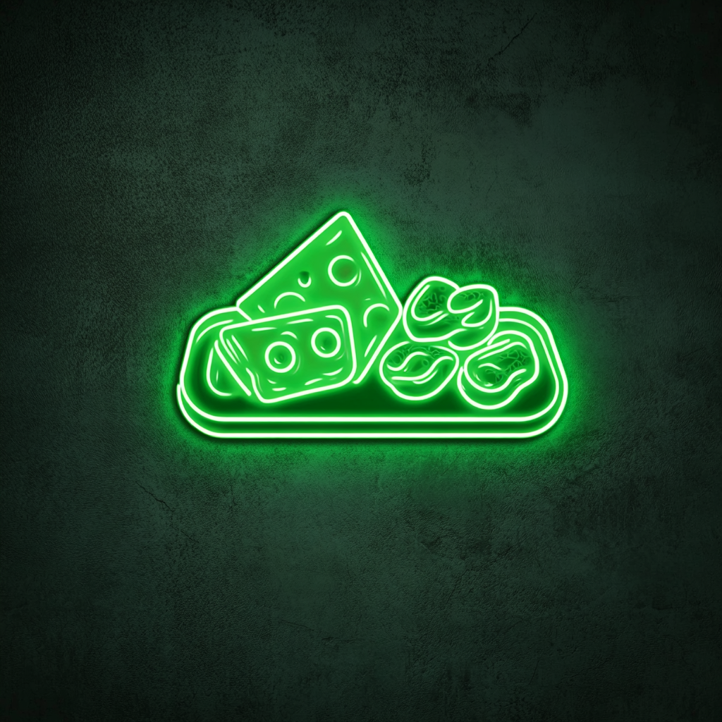 Tray of Cheese and Crackers - Green Neon Sign, 18 Inches