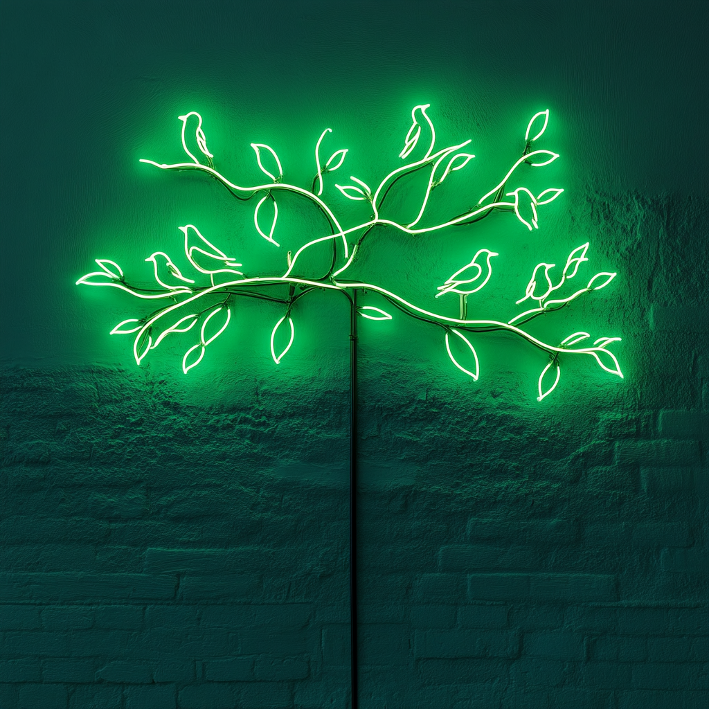 Tree Branch with Birds - Green Neon Sign, 24 Inches