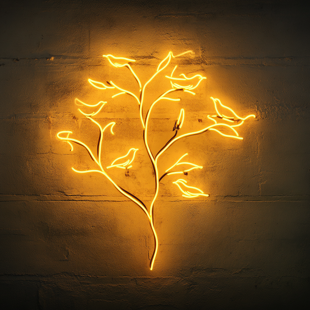 Tree Branch with Birds - Yellow Neon Sign, 24 Inches
