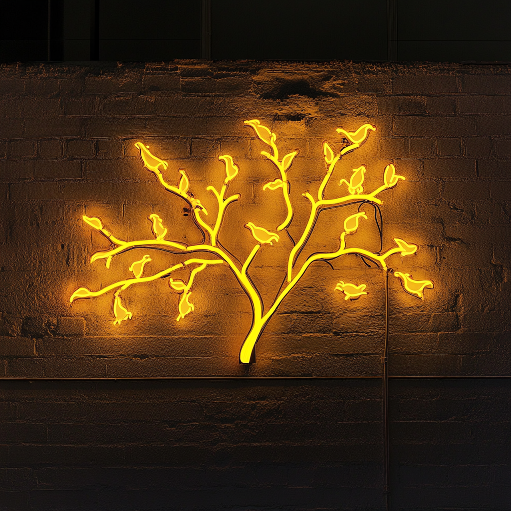 Tree Branch with Birds - Yellow Neon Sign, 18 Inches