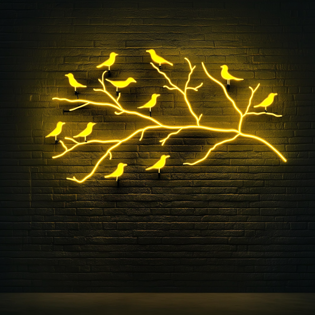 Tree Branch with Birds - Yellow Neon Sign, 18 Inches