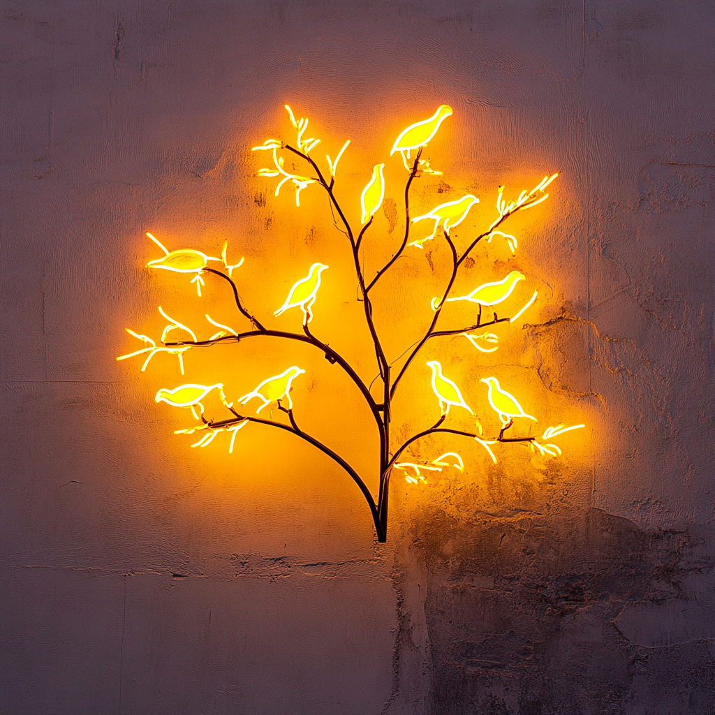 Tree Branch with Birds - Yellow Neon Sign, 18 Inches