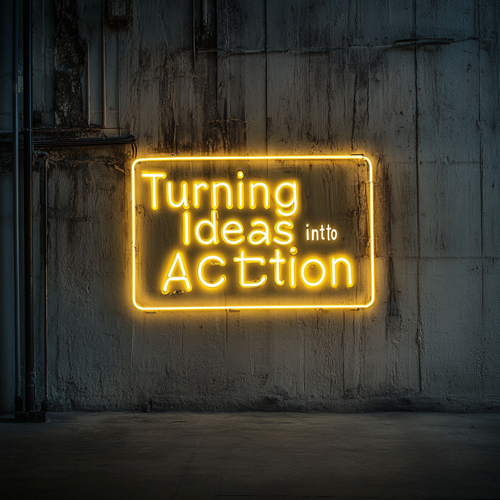 "Turning Ideas into Action" - Yellow Neon Sign, 18 Inches