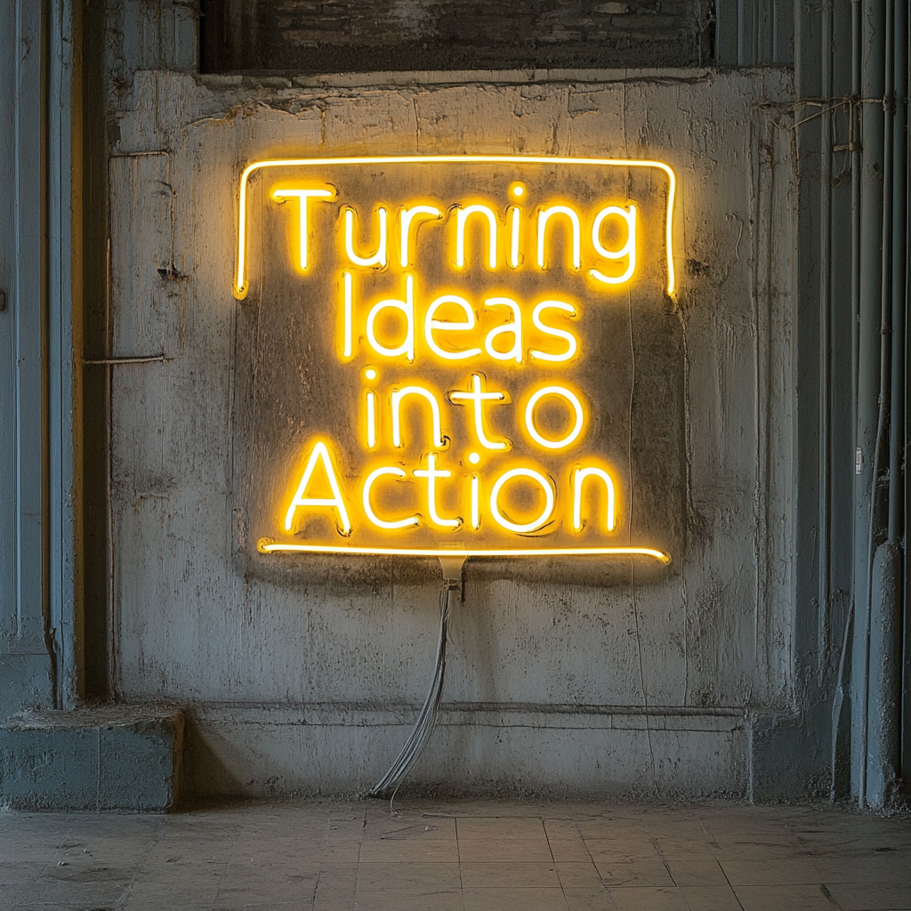"Turning Ideas into Action" - Yellow Neon Sign, 18 Inches