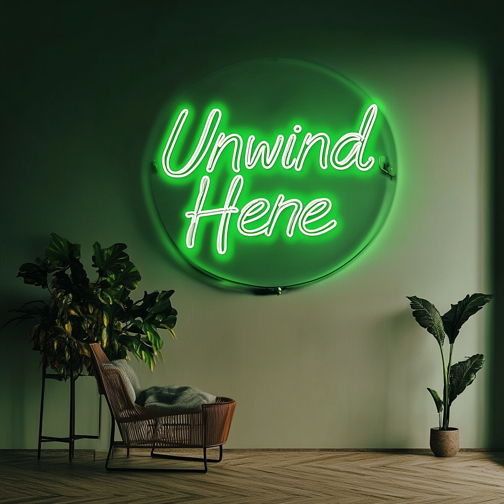 "Unwind Here" - Green Neon Sign, 18 Inches