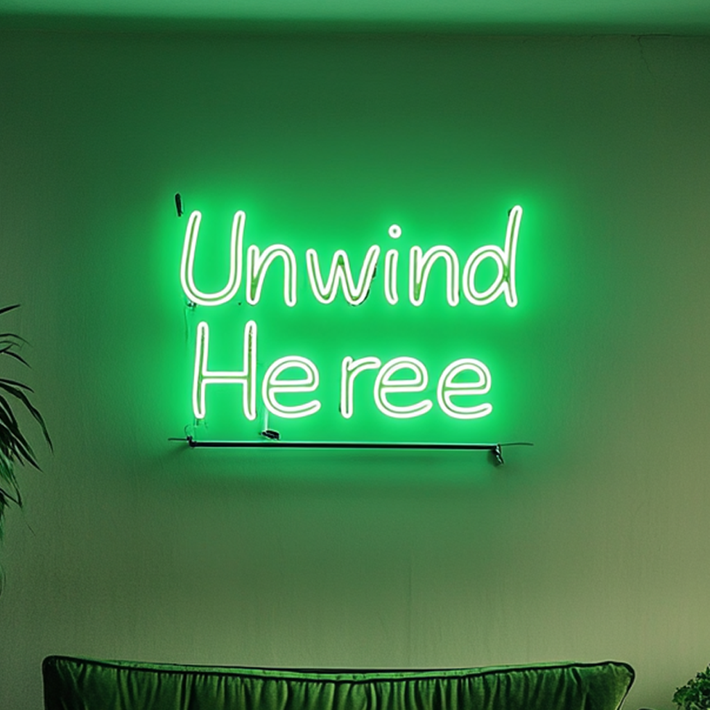 "Unwind Here" - Green Neon Sign, 18 Inches