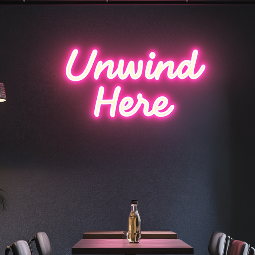"Unwind Here" - Pink Neon Sign, 24 Inches