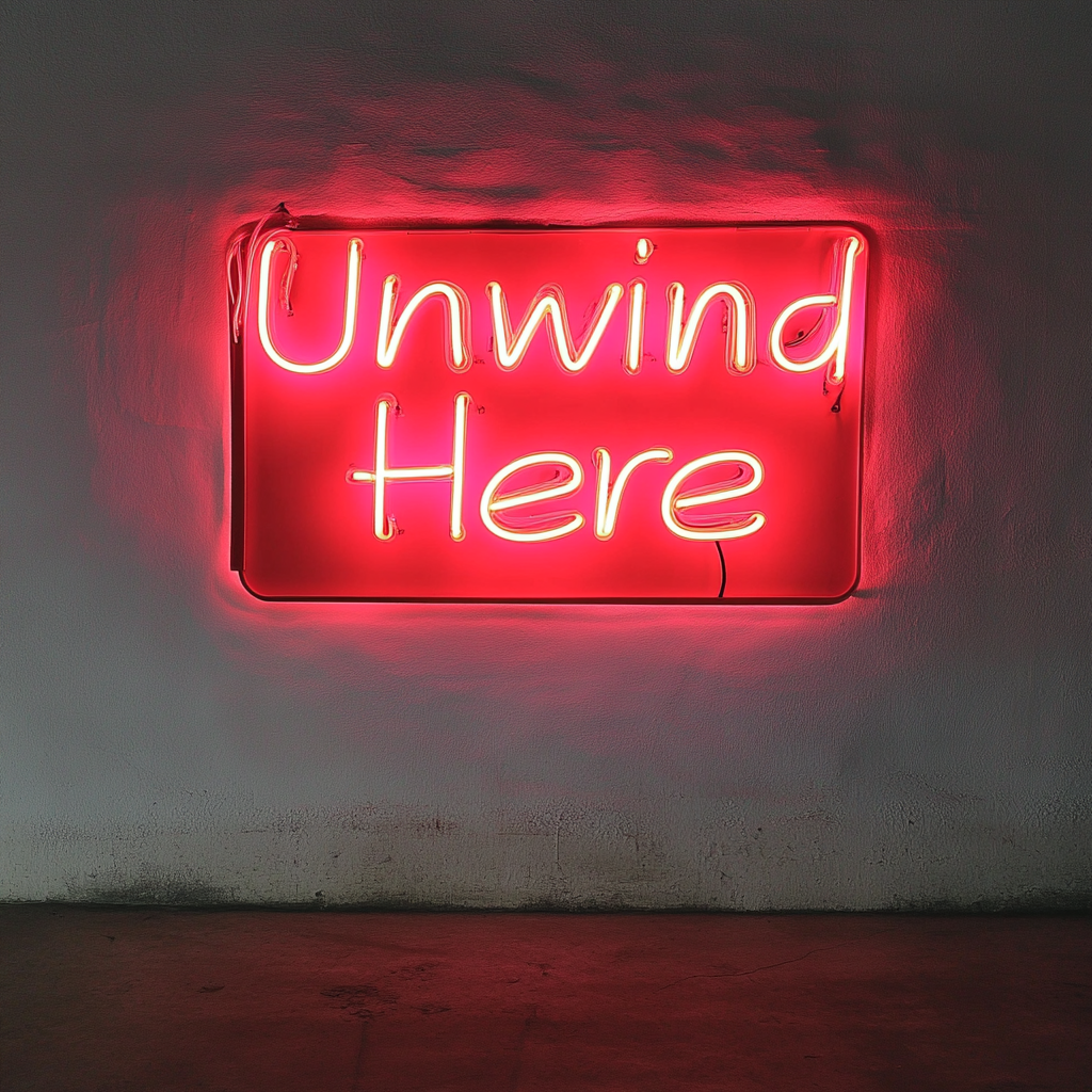 "Unwind Here" - Red Neon Sign, 18 Inches