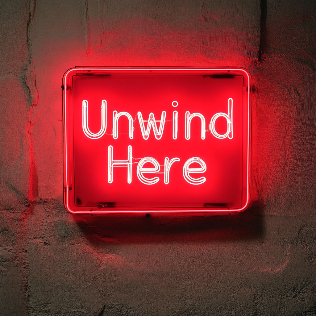 "Unwind Here" - Red Neon Sign, 18 Inches