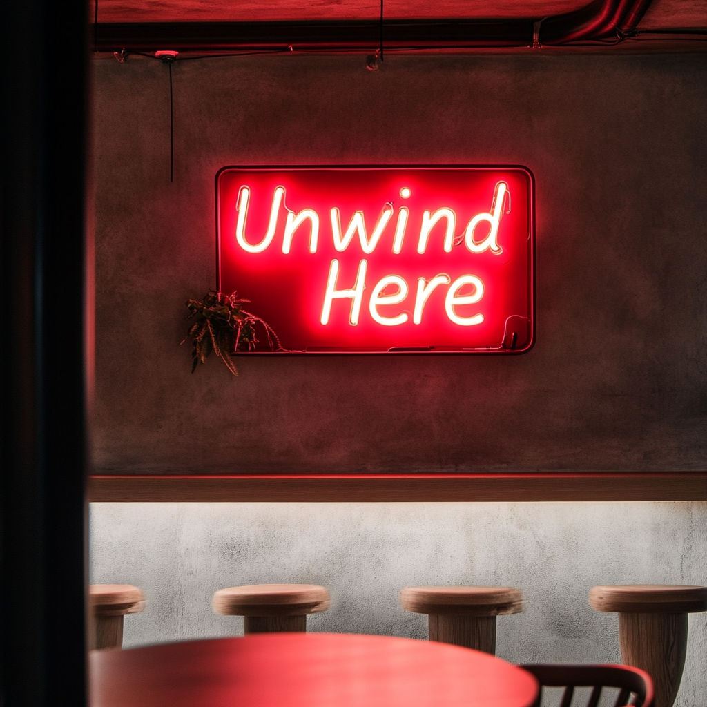 "Unwind Here" - Red Neon Sign, 18 Inches