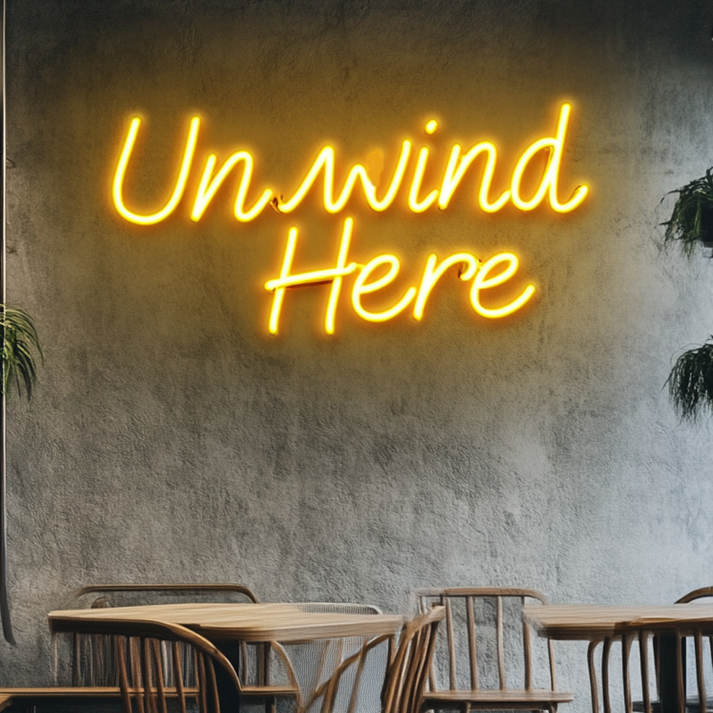 "Unwind Here" - Yellow Neon Sign, 18 Inches