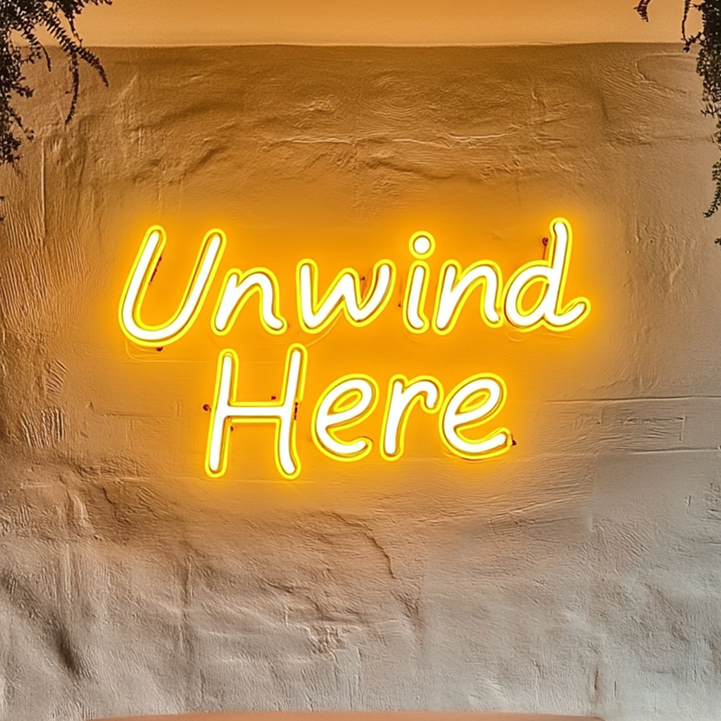 "Unwind Here" - Yellow Neon Sign, 18 Inches