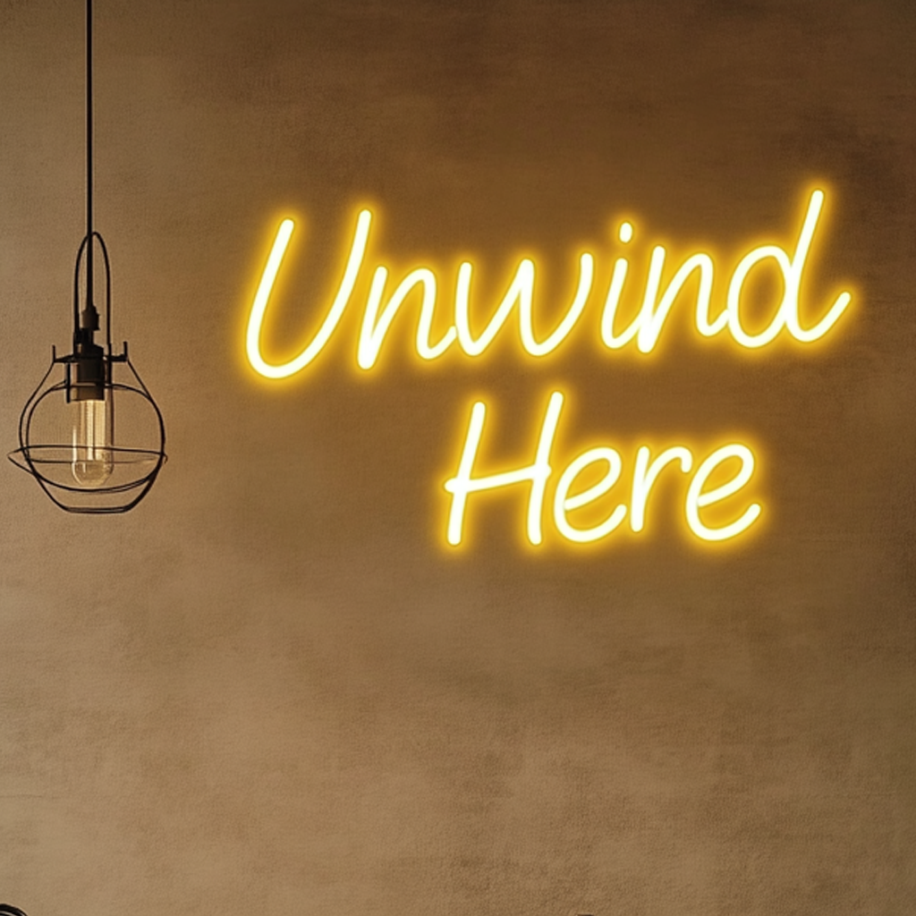 "Unwind Here" - Yellow Neon Sign, 18 Inches