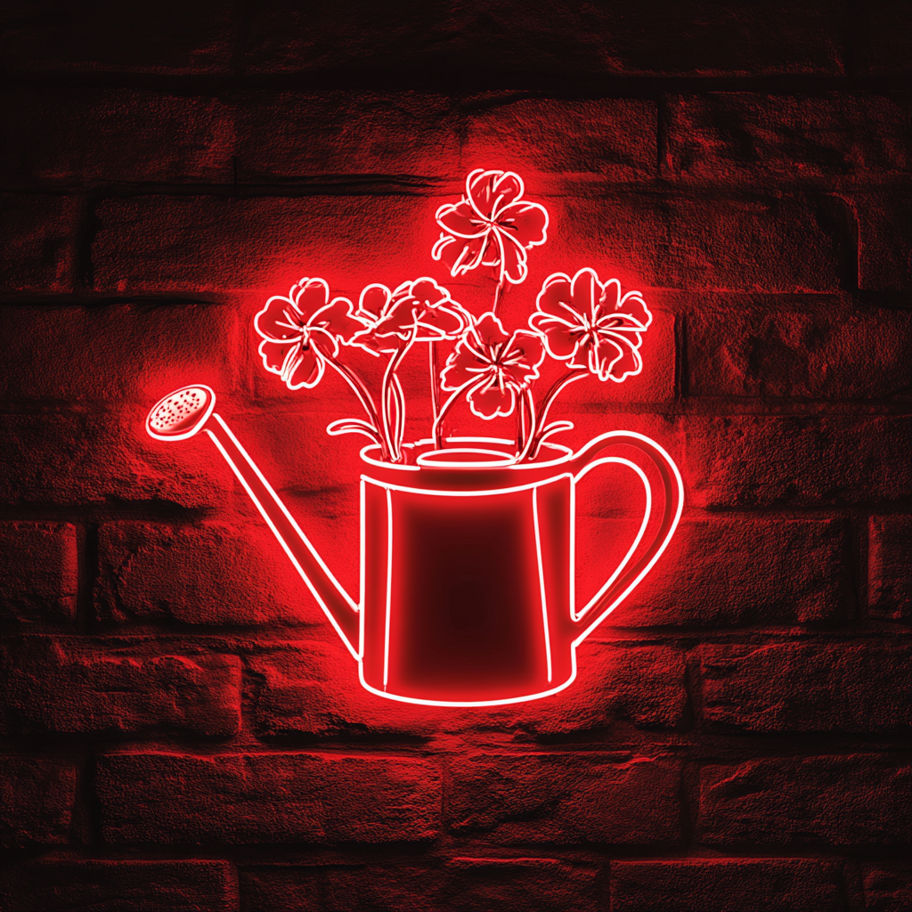 Watering Can with Flowers - Red Neon Sign, 24 Inches