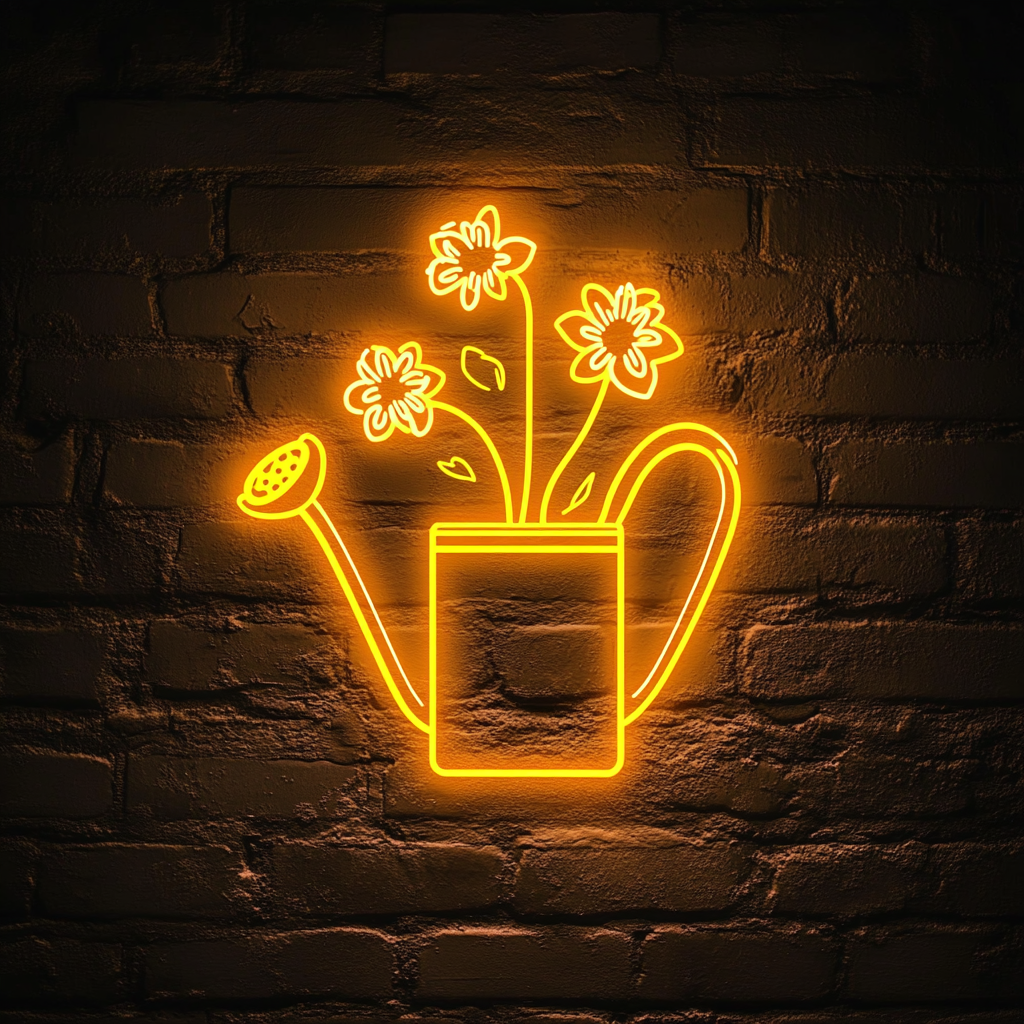 Watering Can with Flowers - Yellow Neon Sign, 24 Inches