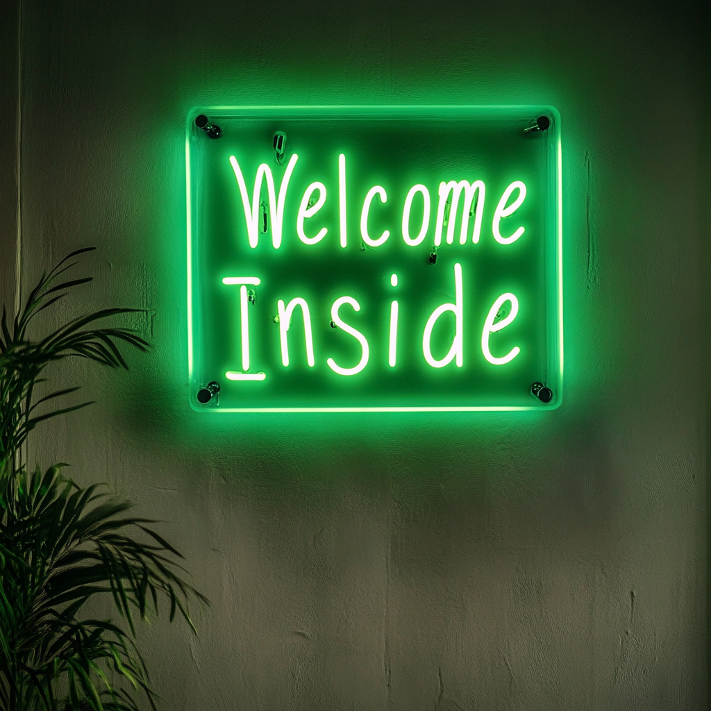 "Welcome Inside" - Green Neon Sign, 18 Inches