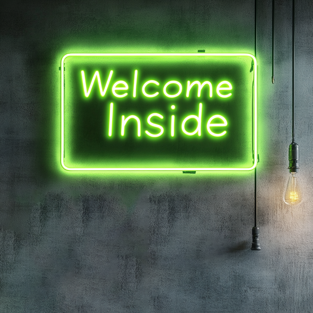 "Welcome Inside" - Green Neon Sign, 18 Inches