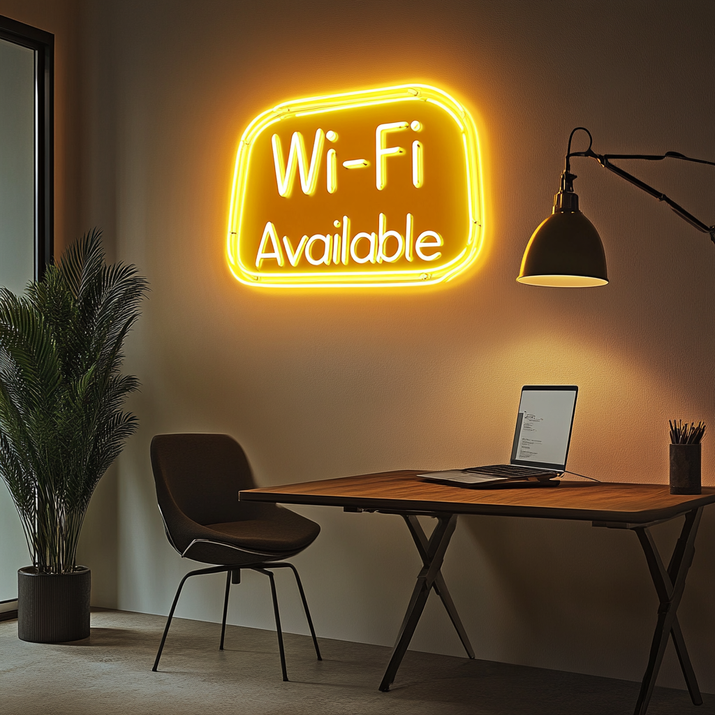 "Wi-Fi Available" - Yellow Neon Sign, 18 Inches
