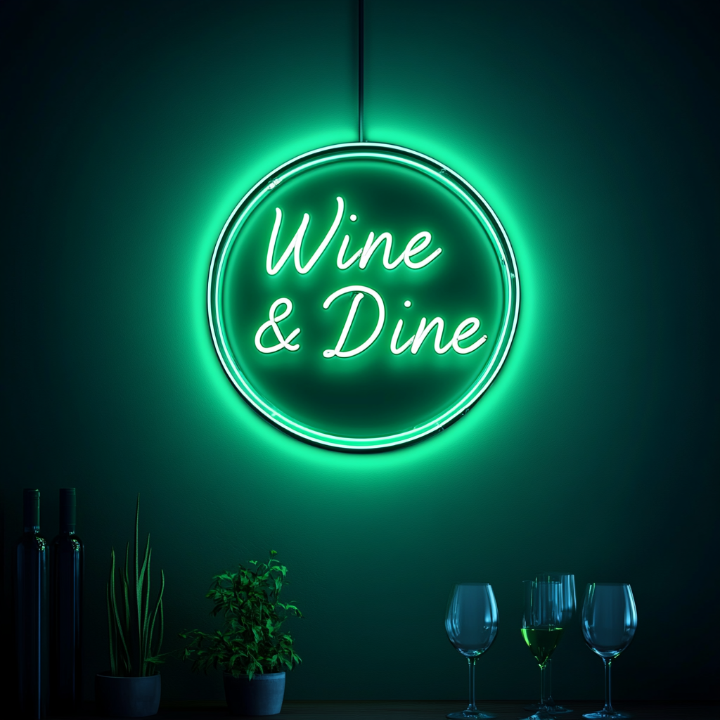 "Wine & Dine" - Green Neon Sign, 18 Inches