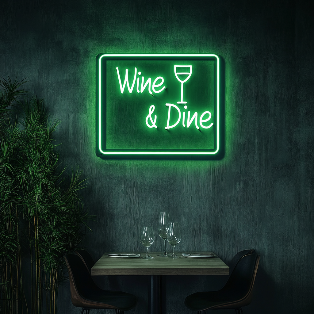 "Wine & Dine" - Green Neon Sign, 18 Inches