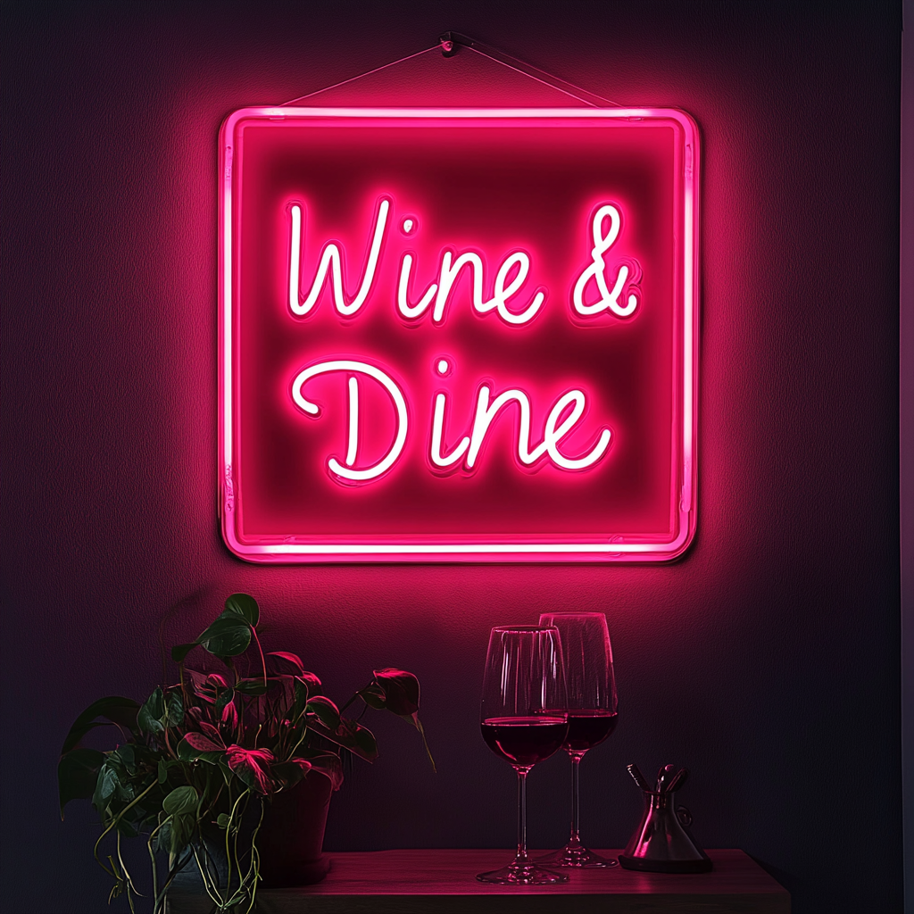 "Wine & Dine" - Pink Neon Sign, 18 Inches