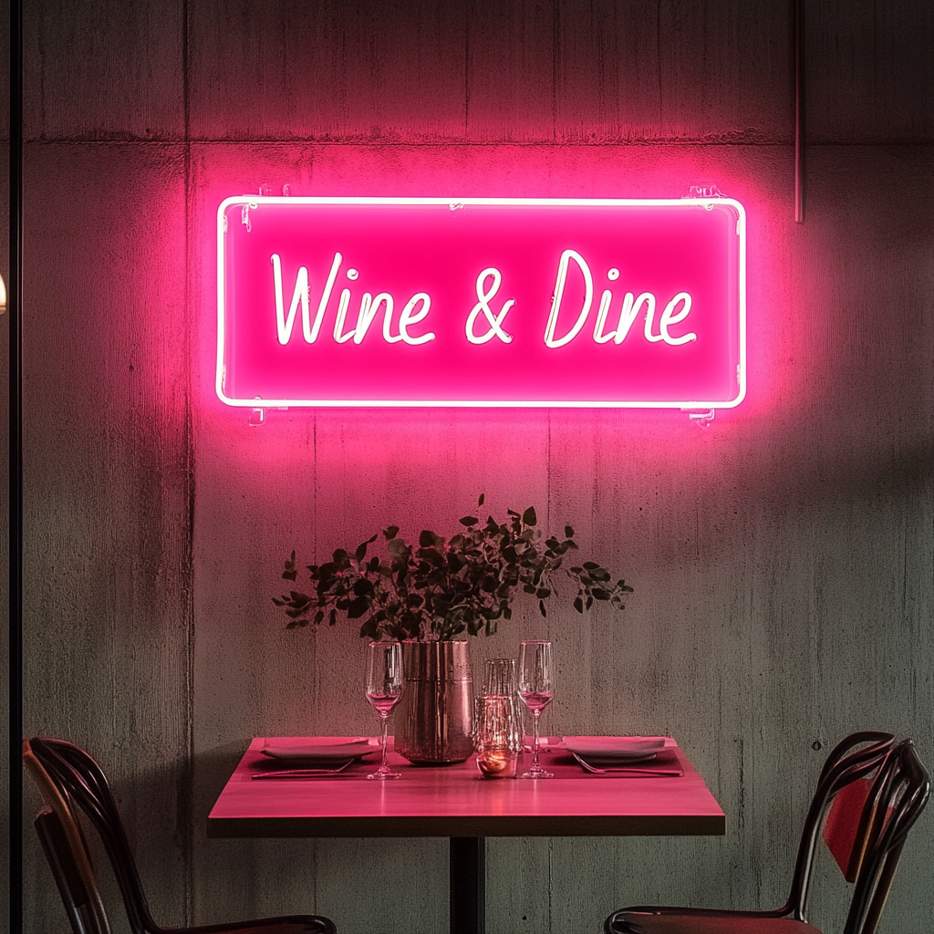 "Wine & Dine" - Pink Neon Sign, 18 Inches