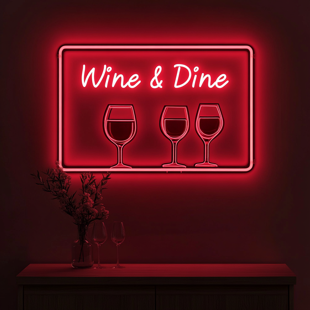 "Wine & Dine" - Red Neon Sign, 18 Inches
