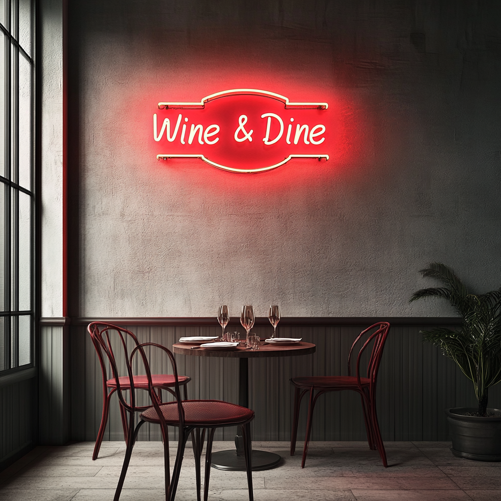 "Wine & Dine" - Red Neon Sign, 18 Inches