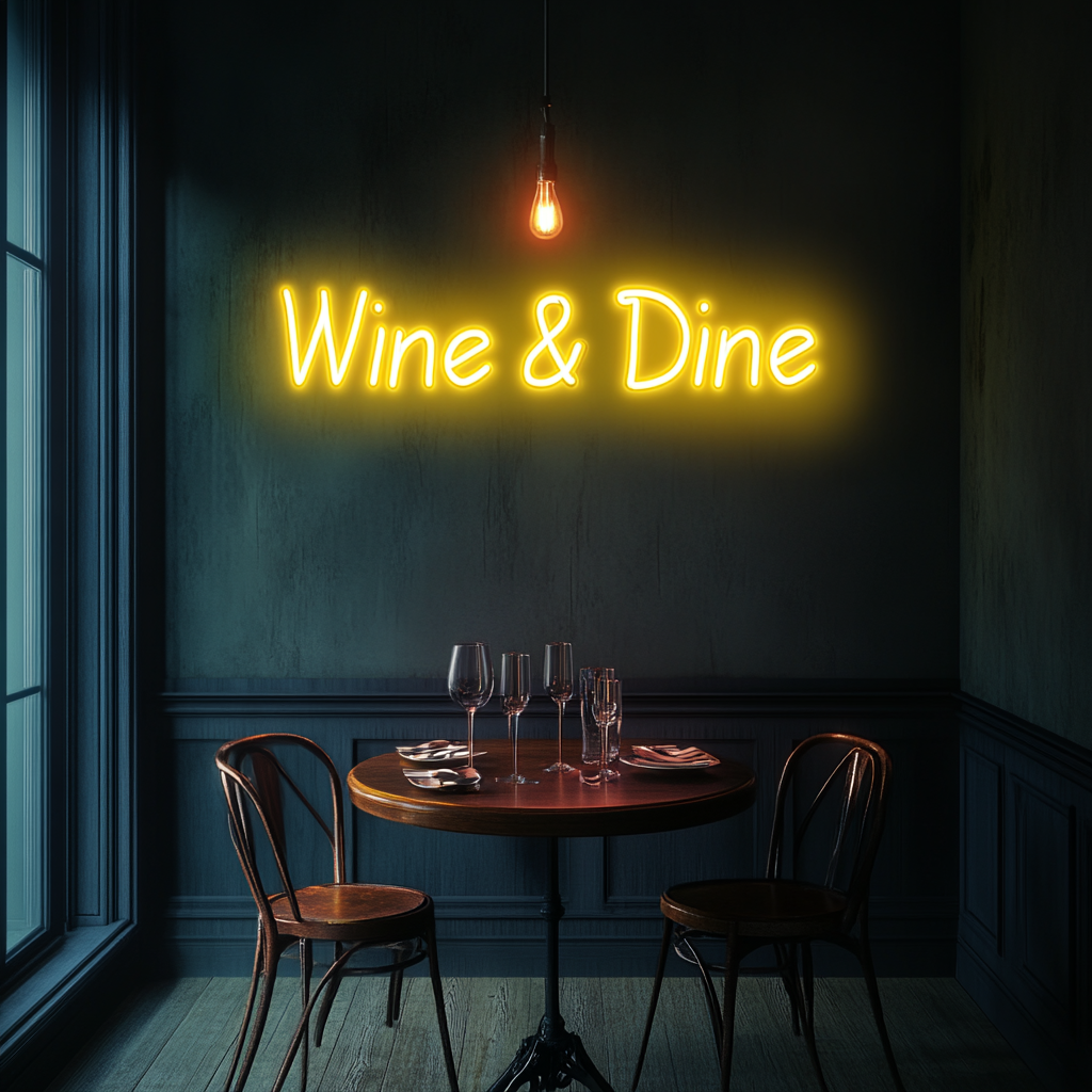 "Wine & Dine" - Yellow Neon Sign, 18 Inches