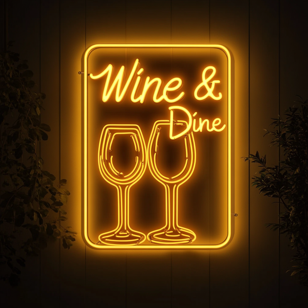 "Wine & Dine" - Yellow Neon Sign, 18 Inches