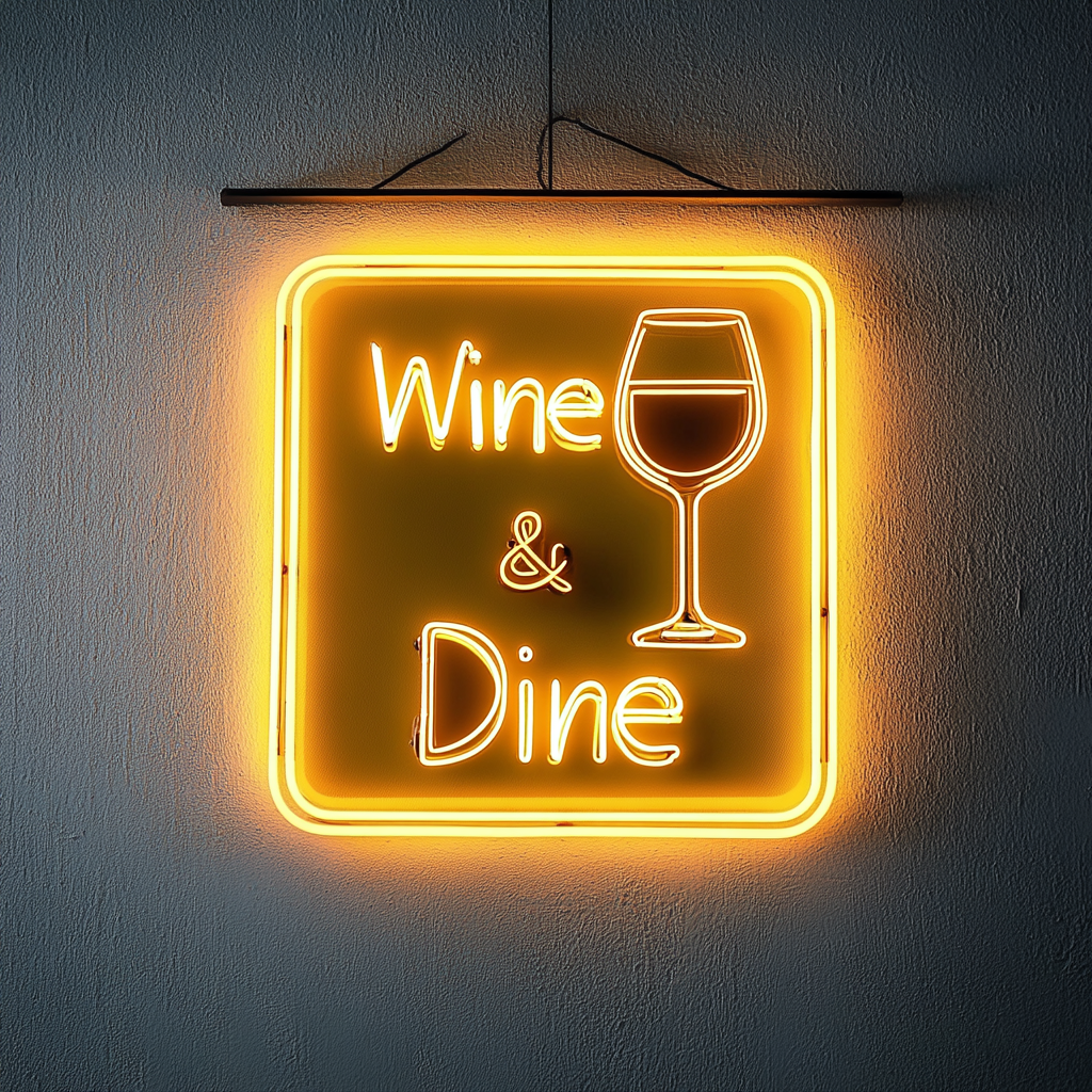 "Wine & Dine" - Yellow Neon Sign, 18 Inches