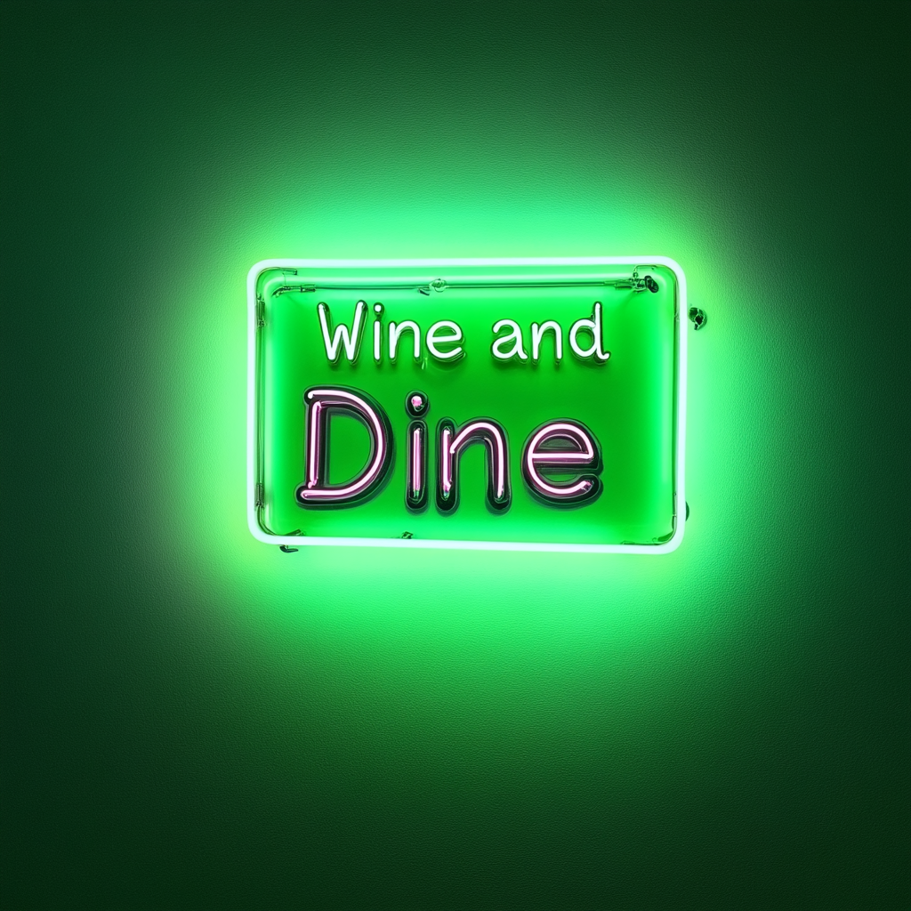"Wine and Dine" - Green Neon Sign, 18 Inches