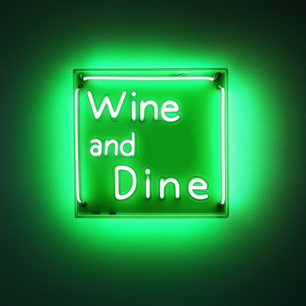 "Wine and Dine" - Green Neon Sign, 18 Inches