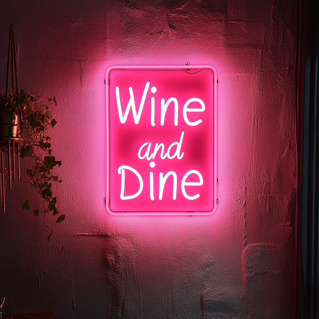 "Wine and Dine" - Pink Neon Sign, 18 Inches