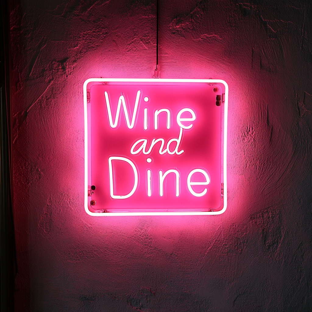 "Wine and Dine" - Pink Neon Sign, 18 Inches